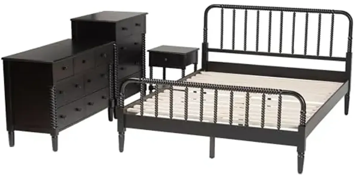 Baxton Studio Braith Farmhouse Black Spindle Wood King Size 4-Piece Bedroom Set