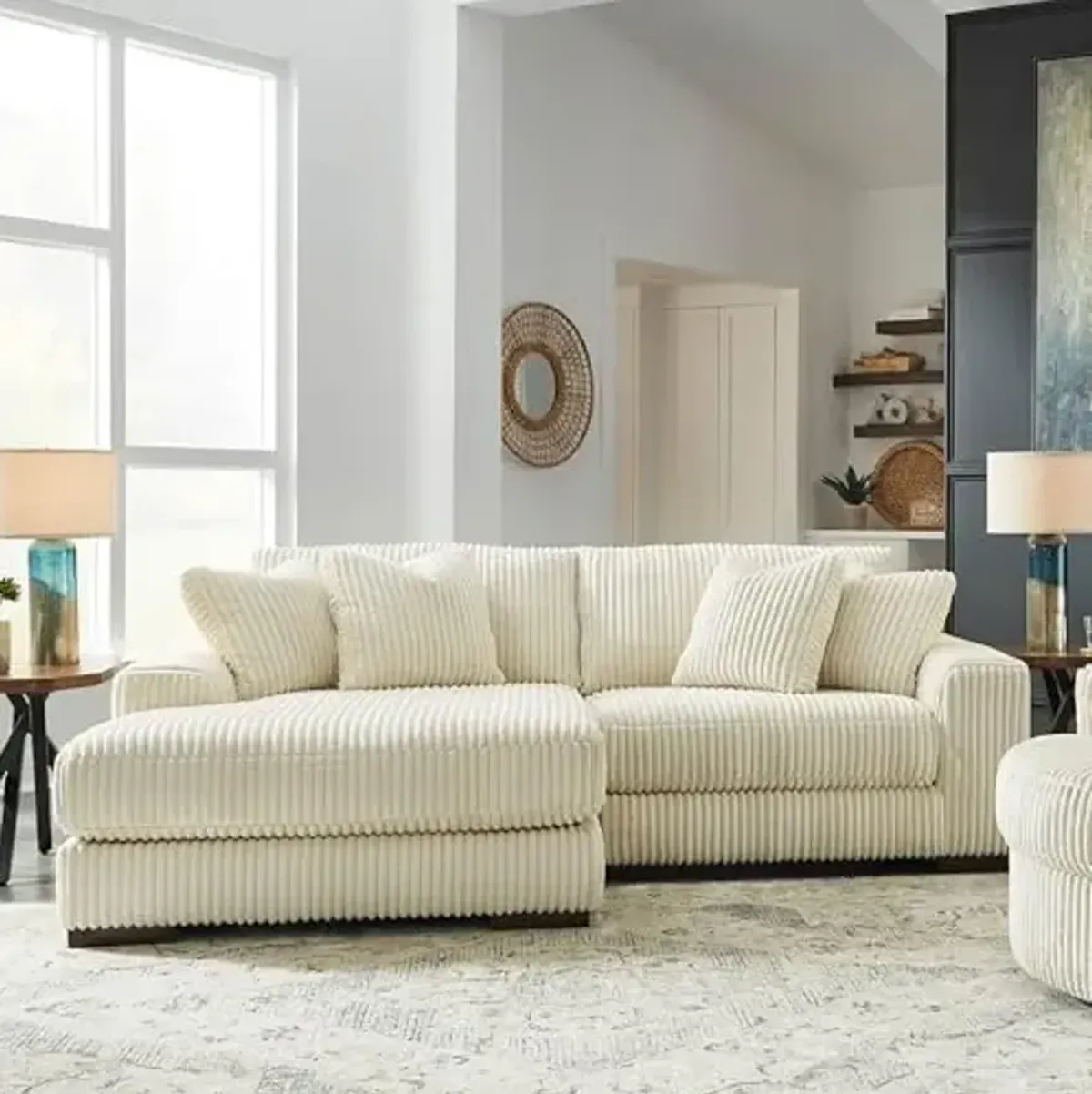 Signature Design by Ashley Lindyn Coastal Left-Arm Facing 2-Piece Sectional with Chaise, Reversible Cushions and 4 Throw Pillows, White
