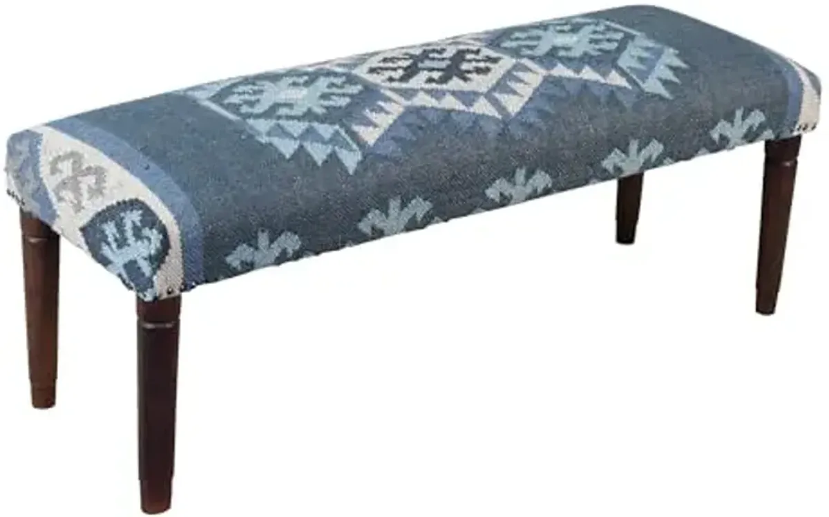 LR Home Blue/Ivory Handmade Upholstered Bench for Bedroom End of Bed | Accent Bench for Entryway, Foyer, Living Room, Mudroom, Hallway or Seating | Long Rectangle Sitting Bench | 47"W x 16"D x 18"H