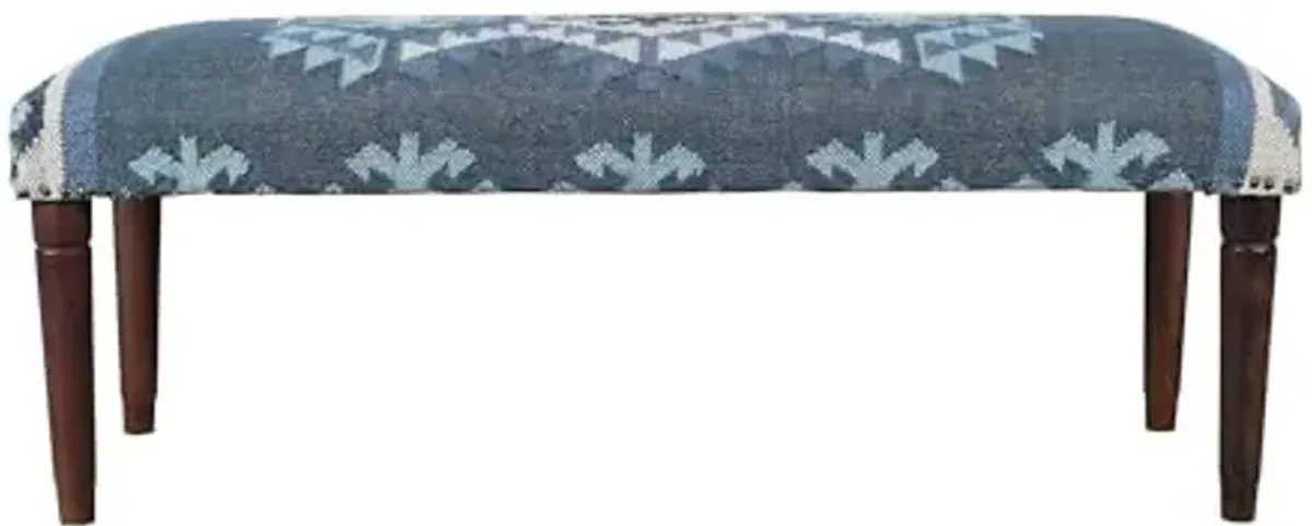 LR Home Blue/Ivory Handmade Upholstered Bench for Bedroom End of Bed | Accent Bench for Entryway, Foyer, Living Room, Mudroom, Hallway or Seating | Long Rectangle Sitting Bench | 47"W x 16"D x 18"H