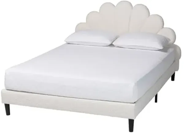 Baxton Studio Dalton Boucle Upholstered Platform Bed – Soft Fabric Queen Size Bed Frame with Padded Scalloped Style Headboard, Minimalist Design, Cream, Queen, 63-inch Wide