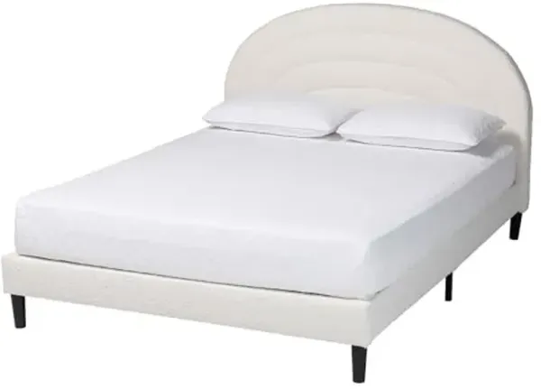 Baxton Studio Dalton Boucle Upholstered Platform Bed – Soft Fabric Queen Size Bed Frame with Padded Rainbow Styled Headboard, Minimalist Design, Cream, Queen, 63-inch Wide