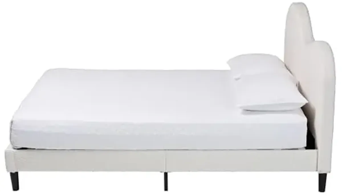 Baxton Studio Dalton Boucle Upholstered Platform Bed – Soft Fabric Queen Size Bed Frame with Padded Camelback Styled Headboard, Minimalist Design, Cream, Queen, 63-inch Wide
