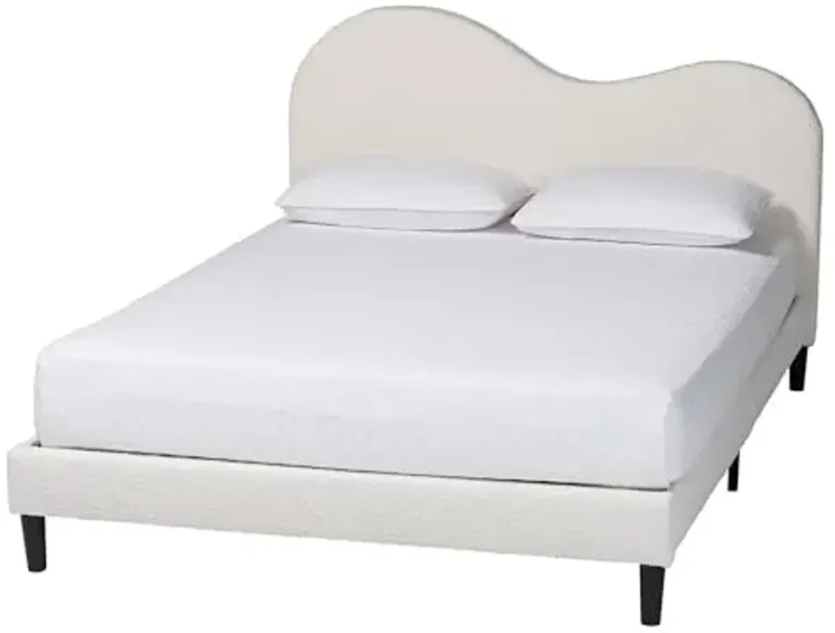 Baxton Studio Dalton Boucle Upholstered Platform Bed – Soft Fabric Queen Size Bed Frame with Padded Camelback Styled Headboard, Minimalist Design, Cream, Queen, 63-inch Wide