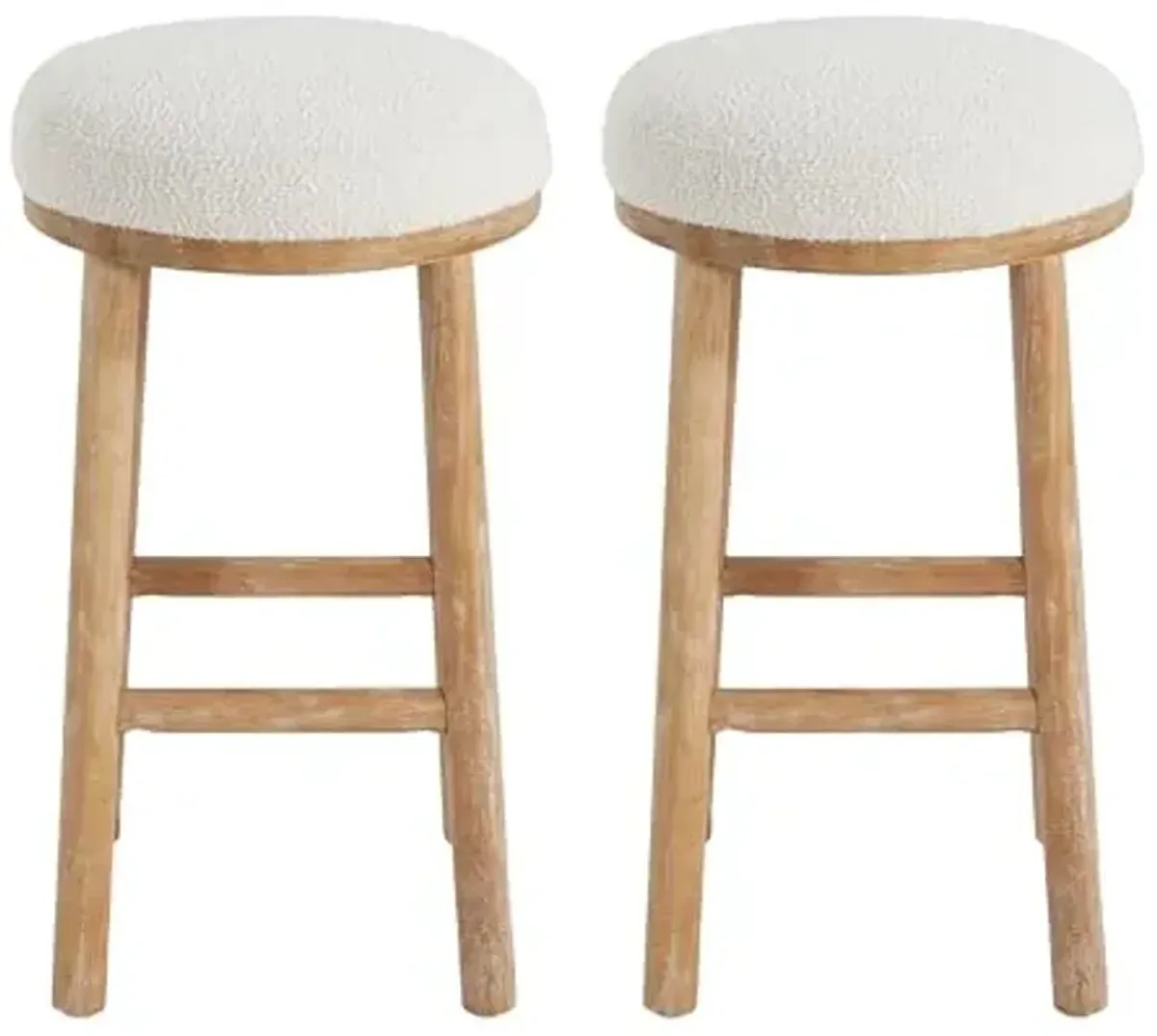 Christopher Knight Home Aubrie Counter Height Bar Stools Set of 2, Boucle Fabric Round Bar Stool for Kitchen Island, Wooden Backless Dining Room Chair, Counter Stool with Footrest, Natural+Milky White