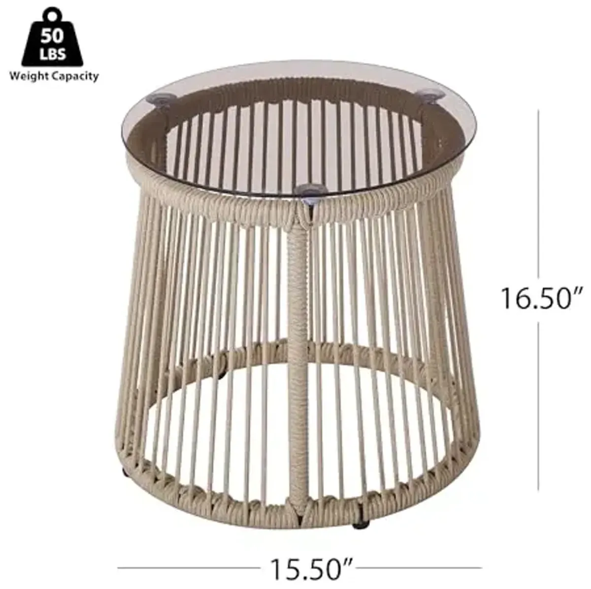 Christopher Knight Home Desna Coffee Table, Patio Glass Round End Table, Outdoor Side Table, Modern/Tropical Patio Accent Piece for Garden/Balcony, Iron Frame + Handwoven Rope Accent, Light Brown