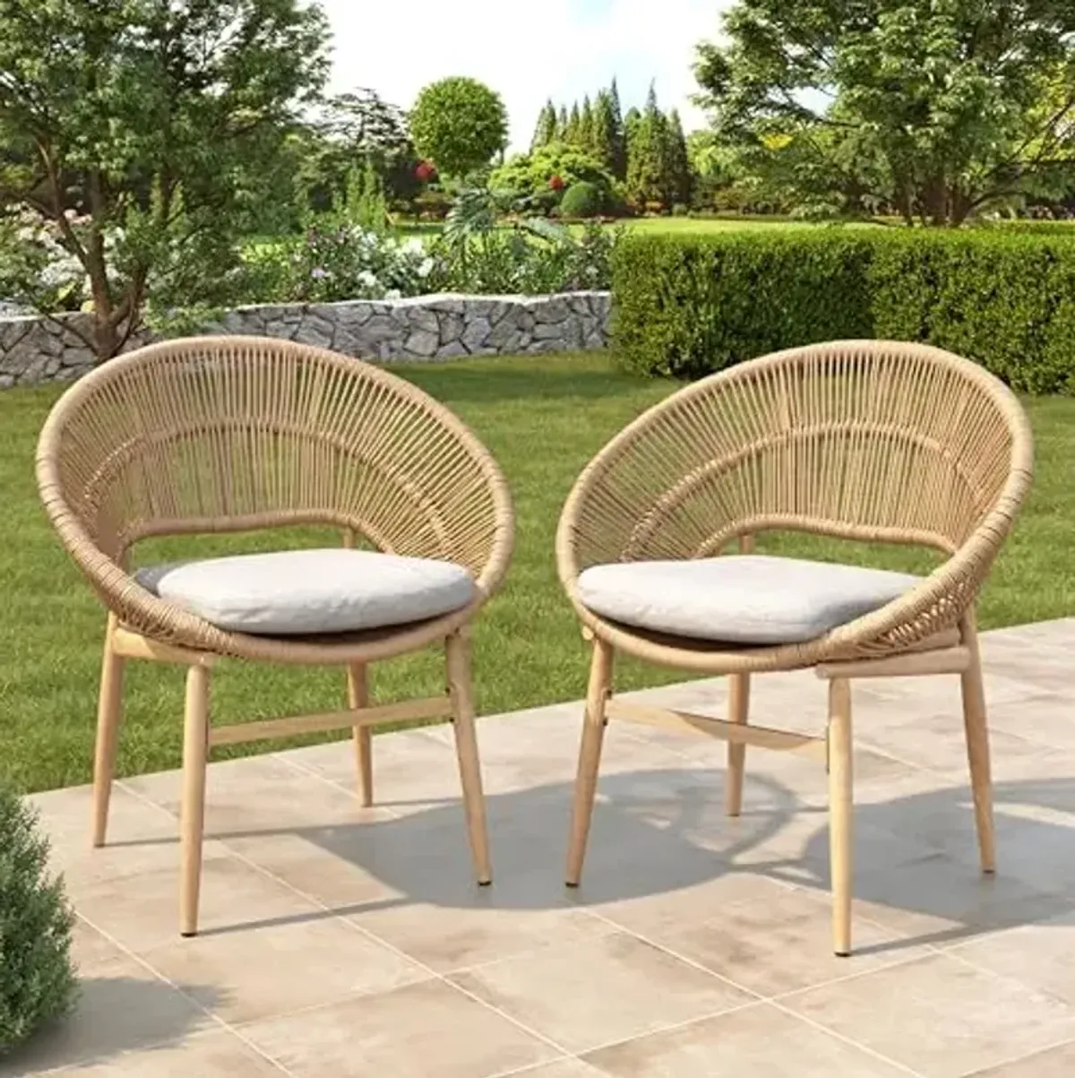 Christopher Knight Home Cyril Papasan Chair Set of 2, Patio Wicker Dining Chair, Patio Furniture Set, Comfy Reading Single Sofa with Cushion, Light Brown+Beige