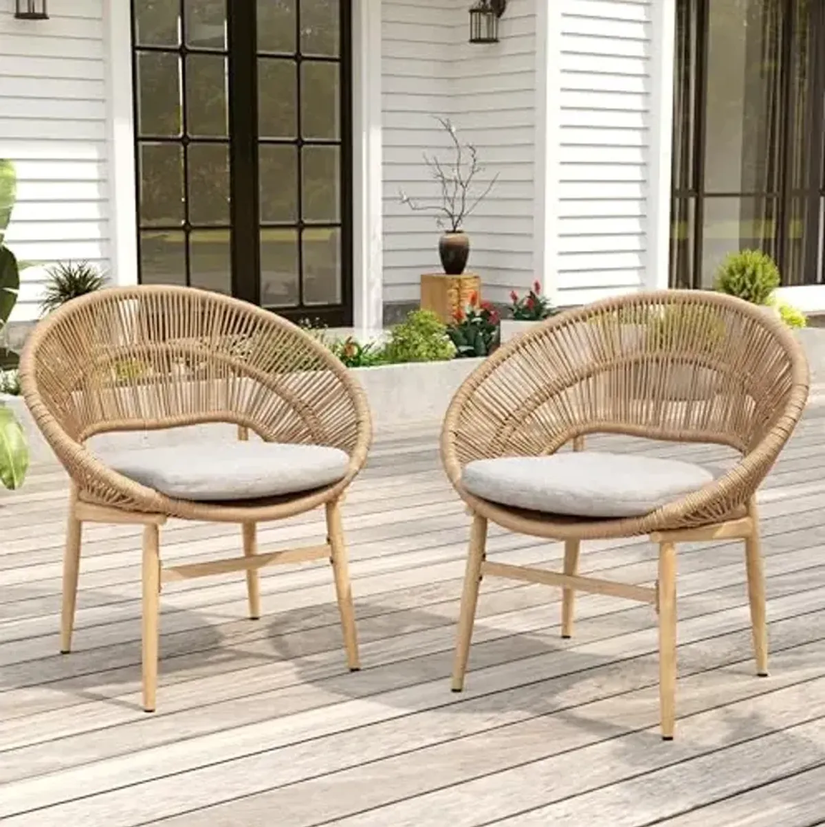 Christopher Knight Home Cyril Papasan Chair Set of 2, Patio Wicker Dining Chair, Patio Furniture Set, Comfy Reading Single Sofa with Cushion, Light Brown+Beige