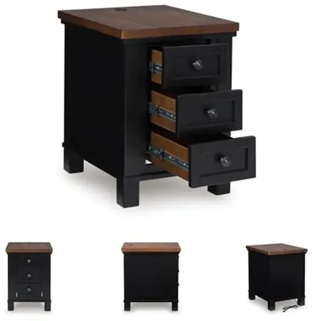 Signature Design by Ashley Wildenauer Modern Farmhouse 3-Drawer Chairside End Table with USB Ports, Butcherblock Veneer Top, Light Brown & Black Base, Dark Pewter Finish Hardware, Height 24"