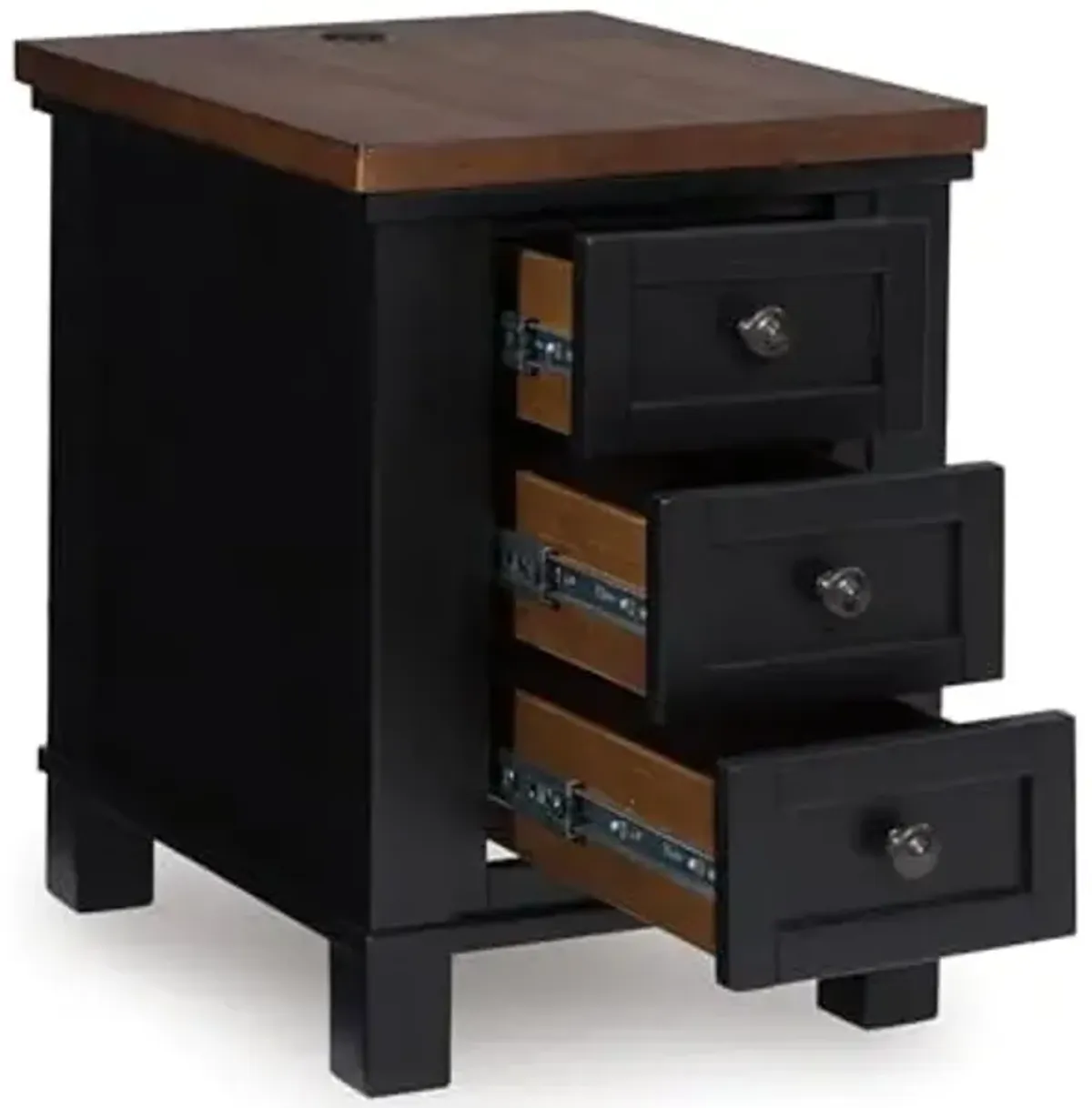 Signature Design by Ashley Wildenauer Modern Farmhouse 3-Drawer Chairside End Table with USB Ports, Butcherblock Veneer Top, Light Brown & Black Base, Dark Pewter Finish Hardware, Height 24"