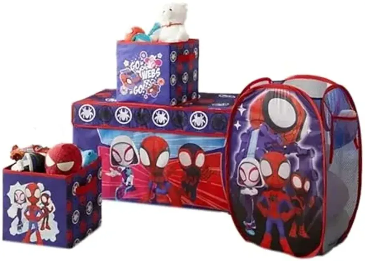 Idea Nuova Marvel Spidey and His Amazing Friends 4 Piece Room Solution Storage Set,Toy Organizer, Collapsible Bins & Hamper for Kids Bedroom or Playroom