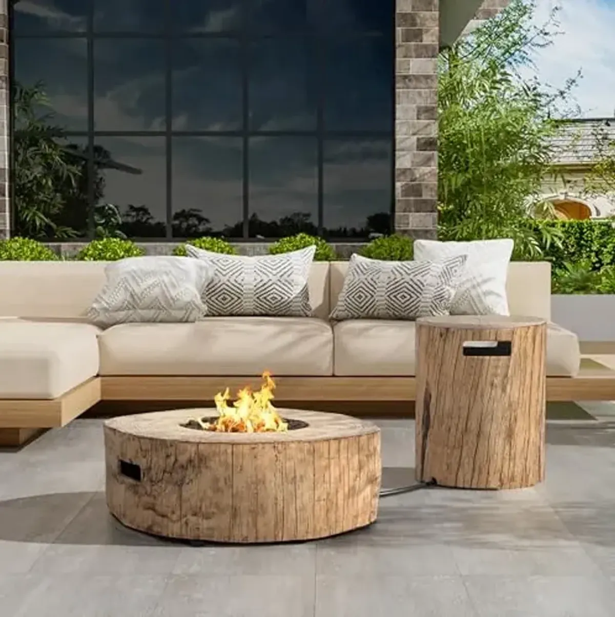 Christopher Knight Home Hearth Concrete Patio Fire Bowl, Outdoor Fire Pit and Tank Holder Set, Lightweight Concrete Tank Table, 30000BTU Round Fire Pit, Woodlike Texture, No Assembly Needed, Brown