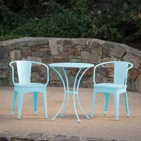 Christopher Knight Home Garry Outdoor Bistro Set, 3-Piece Bistro Table and Flower Petal Chair Set of 2, Iron Patio Furniture Set, Outdoor Bistro Dining Set, Poolside/Garden Cafeteria, Matte Light Blue