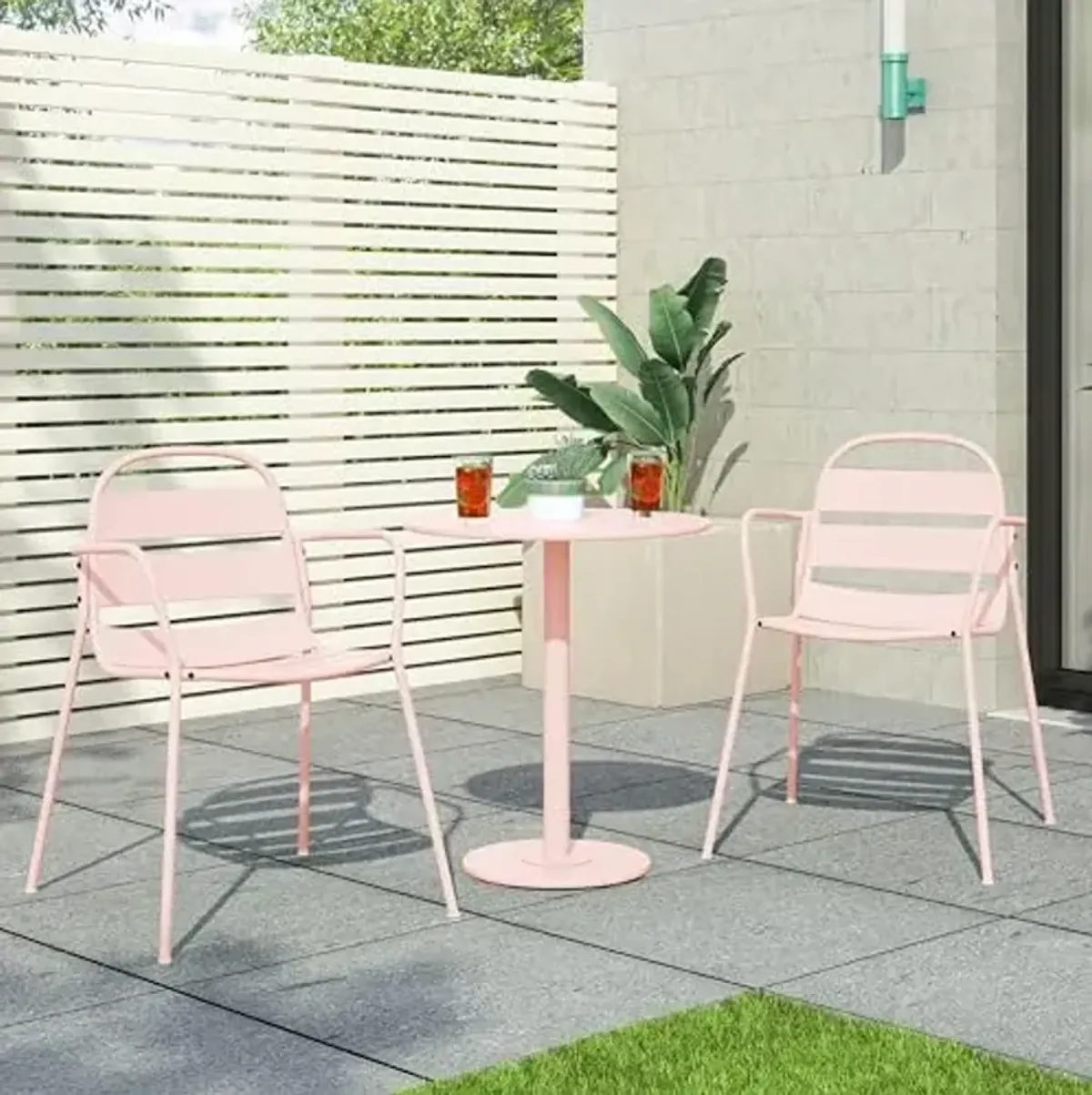 Christopher Knight Home Karter Outdoor Bistro Set, 3-Piece Bistro Table and Chair Set of 2, Patio Furniture Set with Iron Frame, Outdoor Bistro Dining Set, Poolside/Garden Cafeteria, Matte Light Pink
