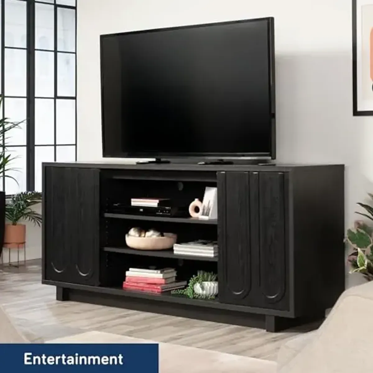 SAUDER Misc. Entertainment TV Credenza, for TV's up to 77", Raven Oak Finish