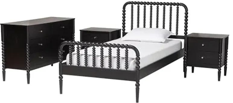 Baxton Studio Lucera Mid-Century Black Full Size 4-Piece Bobbin Bedroom Set