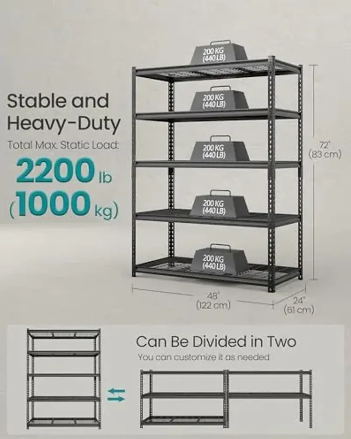 SONGMICS 5-Tier Storage Shelves, Heavy-Duty Garage Shelving, Adjustable Shelving Unit, Steel Shelf, Boltless Assembly, for Garage, 2,200 lb Load, 24 x 96 x 72 Inches, Ink Black UGLR454B02