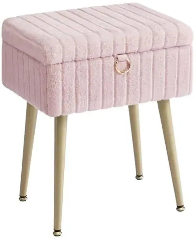 SONGMICS Vanity Stool Chair with Storage, Makeup Stool, Footrest Footstool Ottoman, Metal Legs, Adjustable Feet, for Living Room, Bedroom, Makeup Room, Jelly Pink ULOM505SZ02