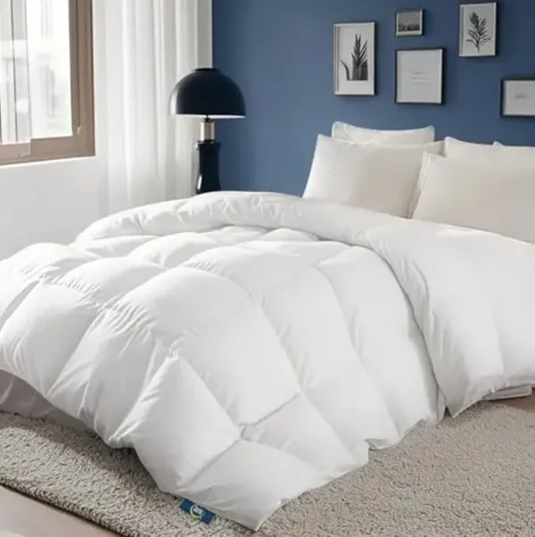 Serta European Down Comforter Queen Size All Season, 100% Cotton, 600 Fill Power Extra Fluffy, Made in USA, White Down Duvet Insert, Lightweight Medium Warmth, Hotel Style, 90"x 90" White