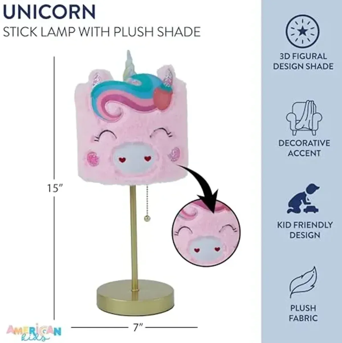 Heritage Kids Figural Unicorn Plush Shade Stick Table Lamp, Pink Unicorn with Gold Base