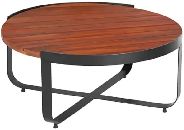 Christopher Knight Home Dolly Outdoor Round Coffee Table, Slat Panel Coffee Table, Acacia Wood and Metal Frame, Cross Metal Leg Support, Wooden Side Desk for Backyard Balcony Garden, Mahogany