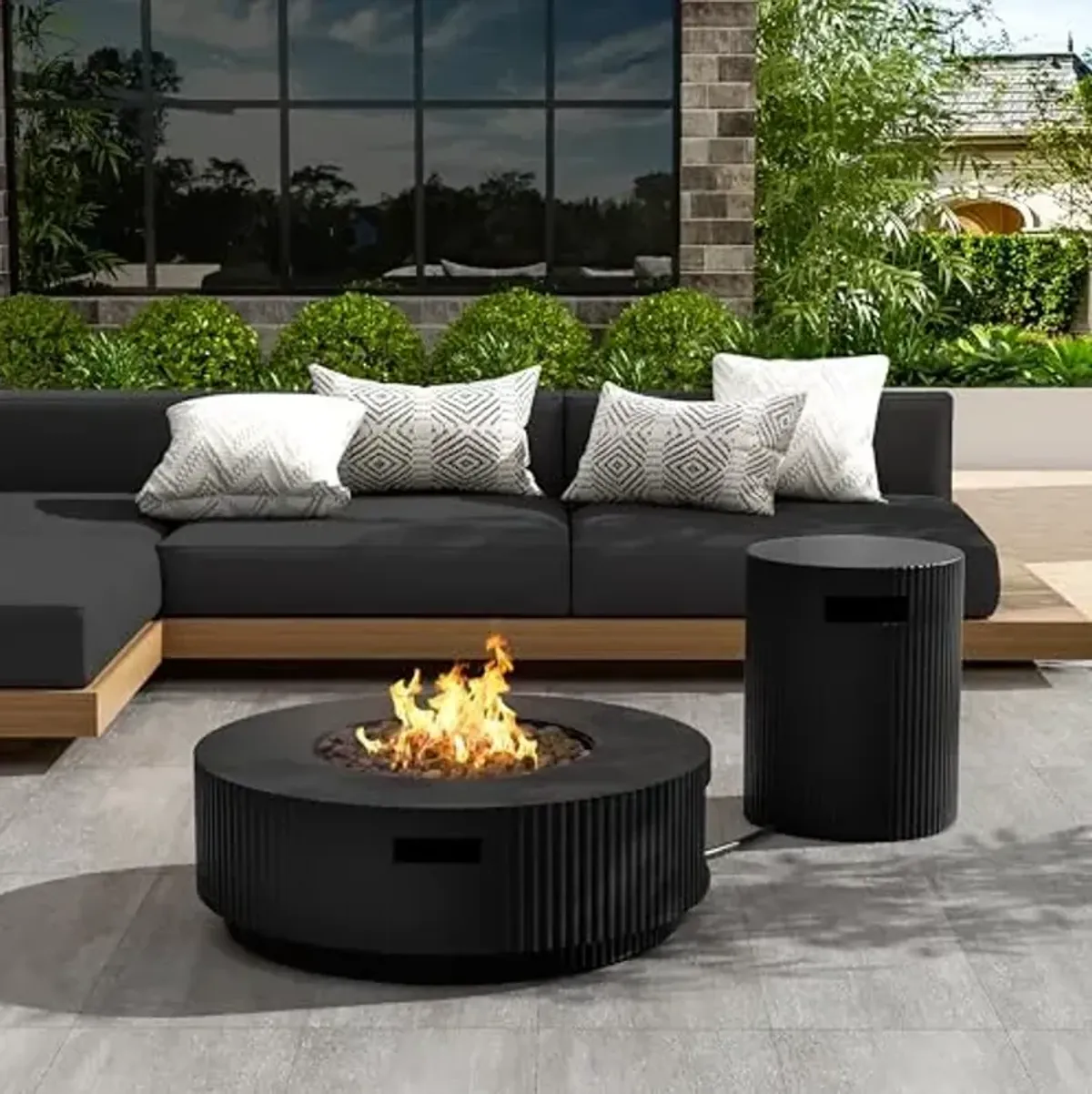 Christopher Knight Home Hearth 40000BTU Round Fire Pit, Lightweight Concrete Tank Table, Outdoor Fire Pit and Tank Holder Set, Concrete Propane Cover and Firepit, No Assembly Needed, Black