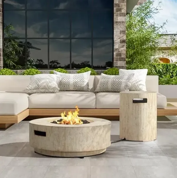 Christopher Knight Home Hearth Outdoor Fire Pit and Tank Holder Set, Lightweight Concrete Tank Table, 40000BTU Round Fire Pit, Concrete Patio Fire Table, No Assembly Needed, Travertine Beige