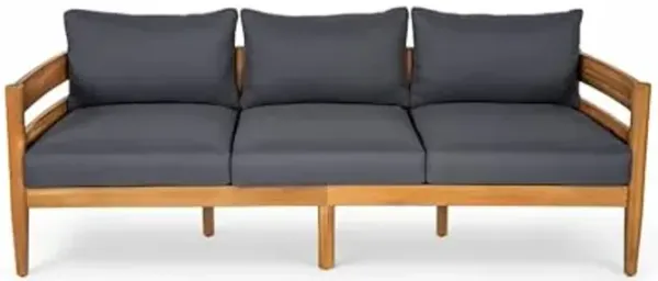 Christopher Knight Home Kavets 76.25'' W Outdoor 3 Seater Sofa with 5" Cushion, Acacia Wood Patio Sofa, Modern Slat Panel Bench, Spacious Seating Couch for Backyard Garden Porch, Light Teak+Dark Gray
