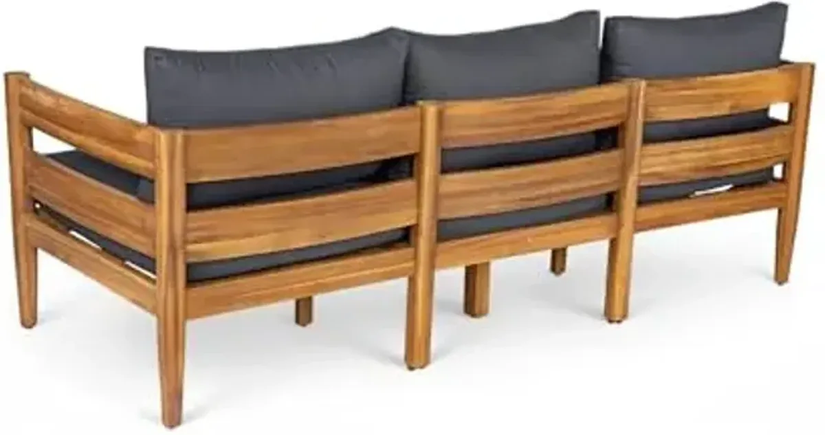 Christopher Knight Home Kavets 76.25'' W Outdoor 3 Seater Sofa with 5" Cushion, Acacia Wood Patio Sofa, Modern Slat Panel Bench, Spacious Seating Couch for Backyard Garden Porch, Light Teak+Dark Gray