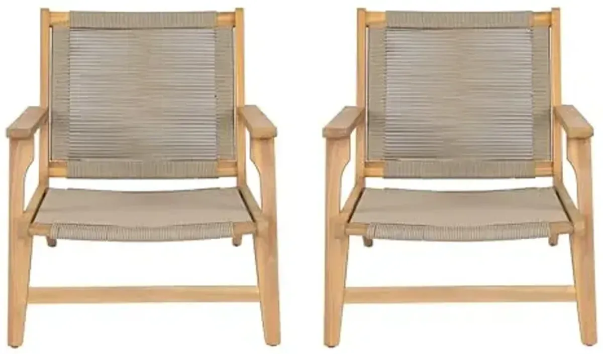 Christopher Knight Home Veera Patio Chair Set of 2 with Acacia Wood Frame and Handwoven Rope, Outdoor Lounge Chair, Stylish Outdoor Accent Chair for Garden/Deck/Backyard, Beige + Light Teak