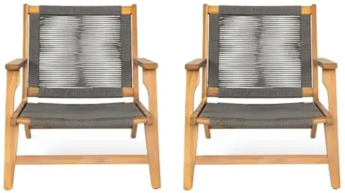 Christopher Knight Home Veera Patio Lounge Chair Set of 2, Acacia Wood Frame, Handwoven Rope, Mid-Century Modern, Dark Grey & Teak