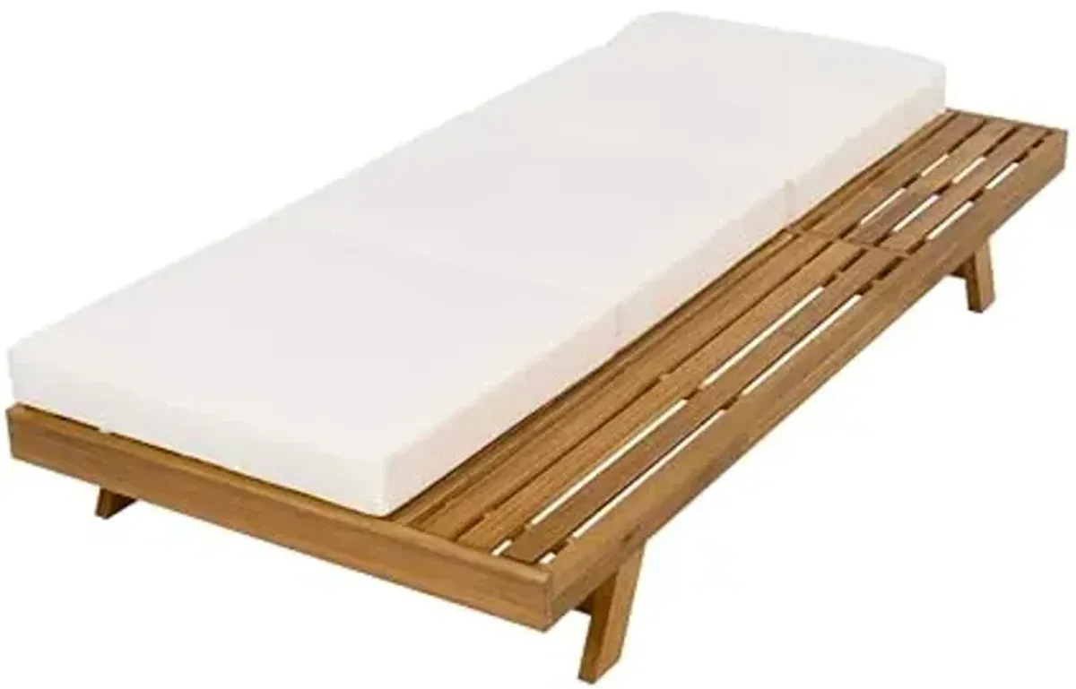 Christopher Knight Home Kayes Wood Chaise Lounge with 4'' Four-Folds Cushion, Outdoor 79'' Patio Recliner Chair with 4-Position Adjustable Backrest, Sun Lounger for Backyard, Teak+Cream