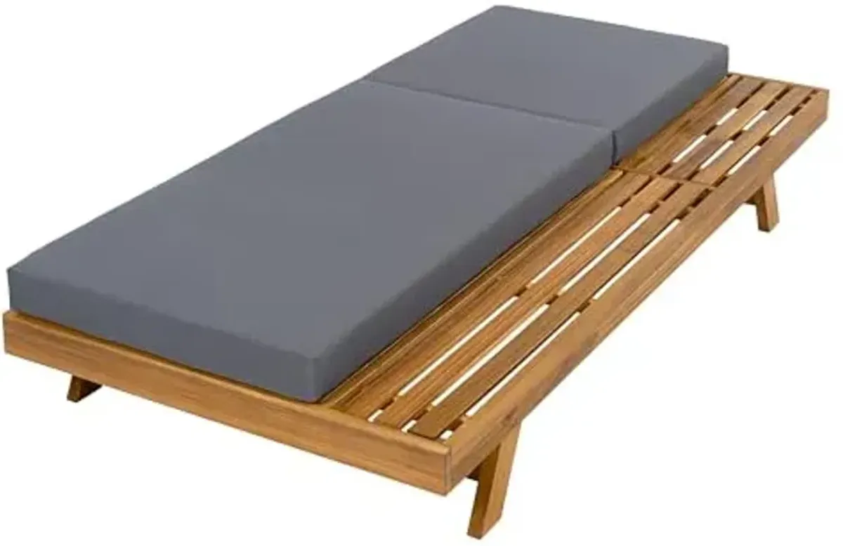 Christopher Knight Home Kayes Acacia Wood Chaise Lounge with 4'' Cushion, Outdoor 79'' Patio Recliner Chair with 4-Position Adjustable Backrest, Sun Lounger for Poolside Backyard, Teak+Dark Gray