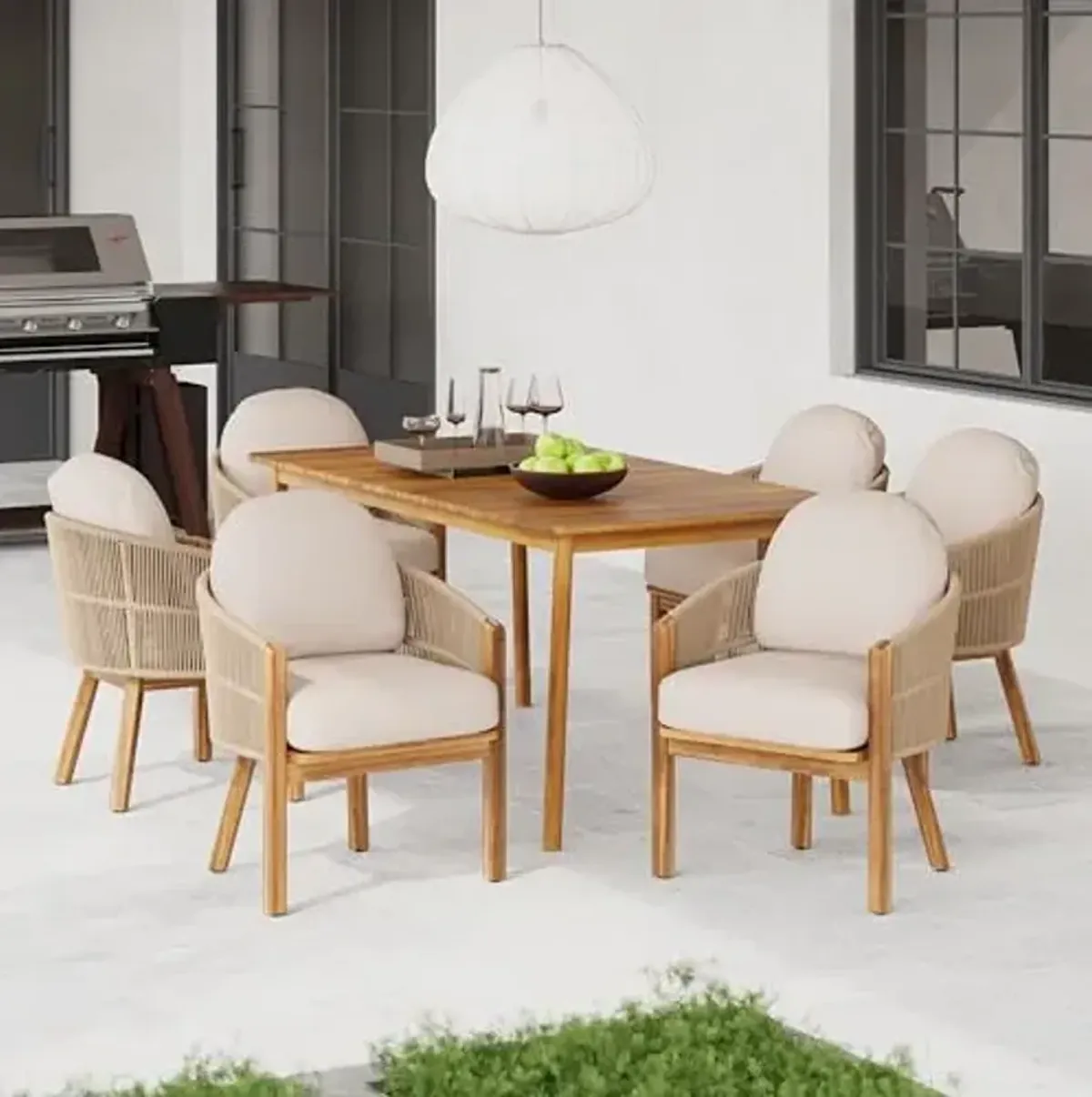 Christopher Knight Home Kclent Outdoor Acacia Wood Dining Set for 6, Patio Table & Chairs with Angled Rope Arm, Removable Cushions, 7 Piece Patio Dinner Set for Backyard Deck, Teak+ Beige