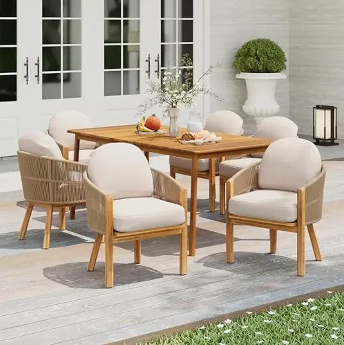 Christopher Knight Home Kclent Outdoor Acacia Wood Dining Set for 6, Patio Table & Chairs with Angled Rope Arm, Removable Cushions, 7 Piece Patio Dinner Set for Backyard Deck, Teak+ Beige