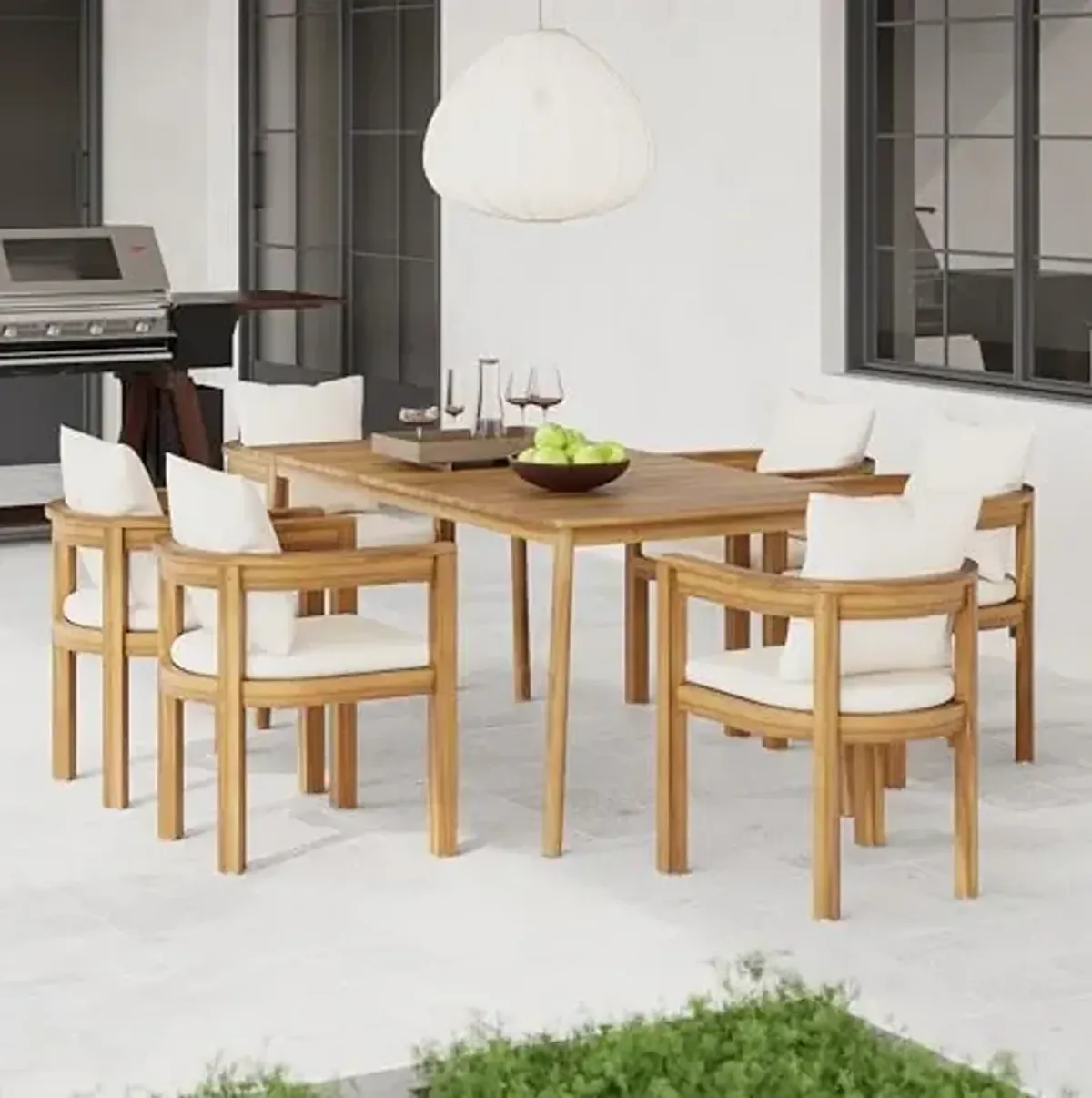 Christopher Knight Home Kclent Patio Acacia Wood Dining Set for 6 People, Outdoor Dinner Table & Chairs with Hollow Armrest, Removable Cushions, 7 Piece Patio Set for Backyard Deck, Teak+ Beige