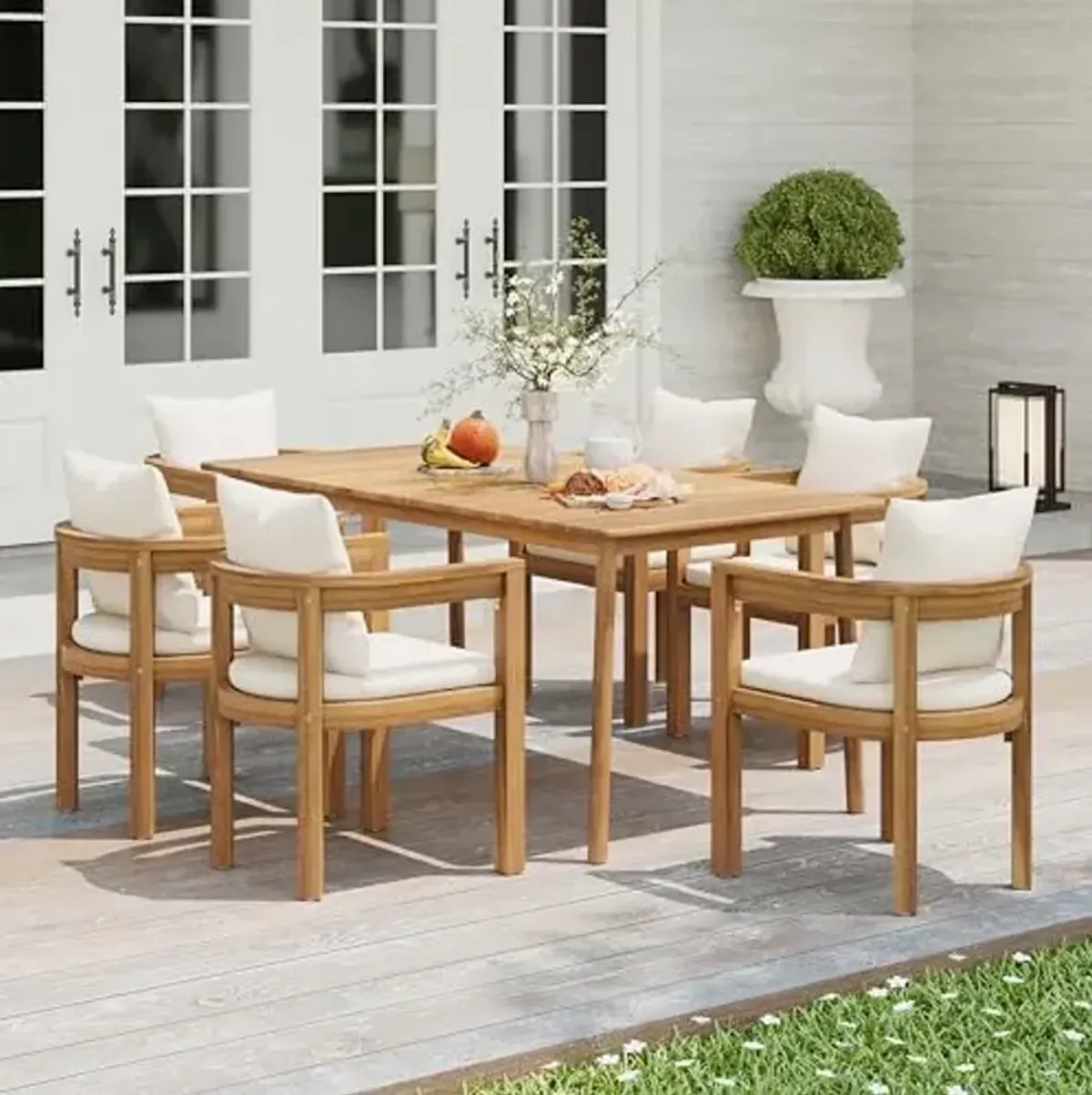 Christopher Knight Home Kclent Patio Acacia Wood Dining Set for 6 People, Outdoor Dinner Table & Chairs with Hollow Armrest, Removable Cushions, 7 Piece Patio Set for Backyard Deck, Teak+ Beige