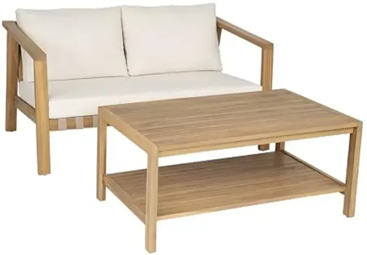 Christopher Knight Home Kayim Patio Loveseat Coffee Table Set with Woven Rope Backrest, Acacia Wood Outdoor Furniture Set, Outdoor Conversation Sofa Chat Set for Backyard Deck, Light Teak+Beige