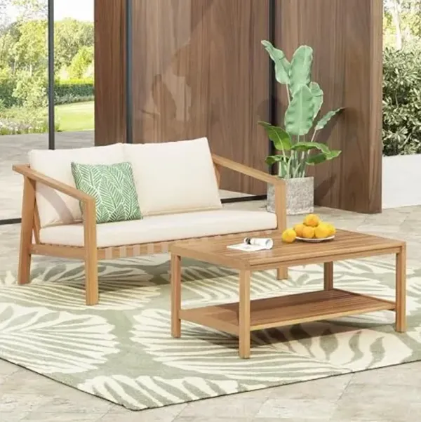 Christopher Knight Home Kayim Patio Loveseat Coffee Table Set with Woven Rope Backrest, Acacia Wood Outdoor Furniture Set, Outdoor Conversation Sofa Chat Set for Backyard Deck, Light Teak+Beige