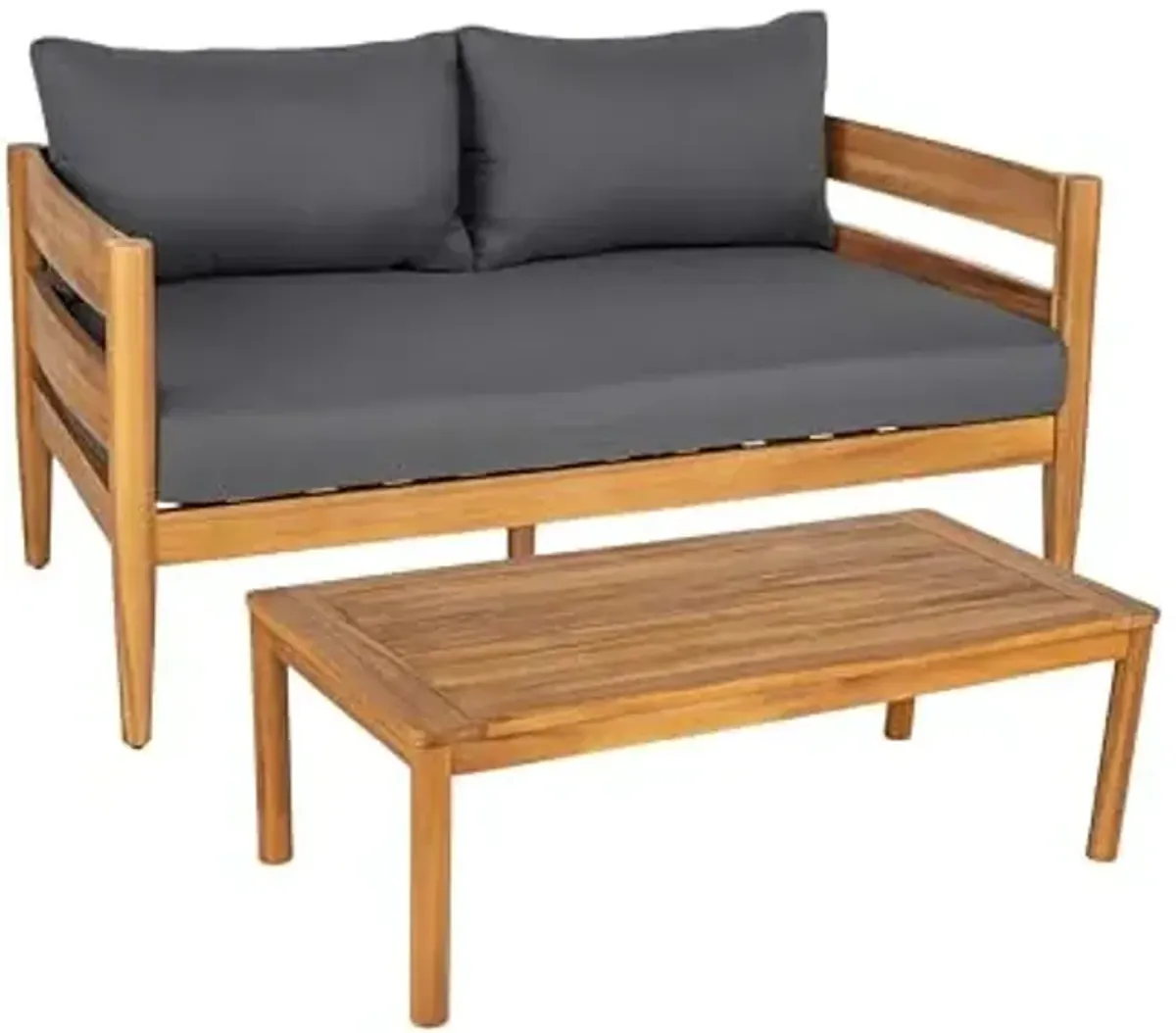 Christopher Knight Home Kayim Patio Loveseat Coffee Table Set with Curved Arm and Backrest, Acacia Wood Conversation Sofa Chat Set, Outdoor Furniture Set for Backyard Deck, Light Teak+Dark Gray