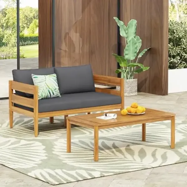 Christopher Knight Home Kayim Patio Loveseat Coffee Table Set with Curved Arm and Backrest, Acacia Wood Conversation Sofa Chat Set, Outdoor Furniture Set for Backyard Deck, Light Teak+Dark Gray