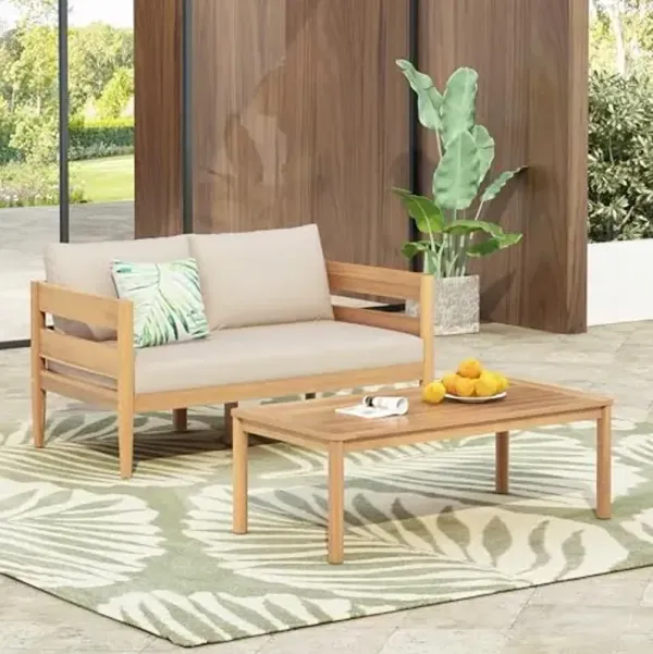 Christopher Knight Home Kayim Patio Loveseat Coffee Table Set with Curved Arm and Backrest, Acacia Wood Conversation Sofa Chat Set, Outdoor Furniture Set for Backyard Deck, Light Teak+Beige
