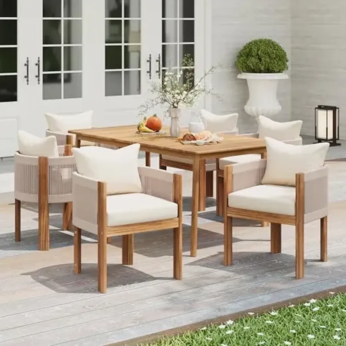 Christopher Knight Home Kclent Patio Acacia Wood Dining Set for 6 People, Outdoor Table & Chairs with Curved Rope Arm, Removable Cushions, 7 Piece Patio Dinner Set for Backyard Deck, Teak+ Beige