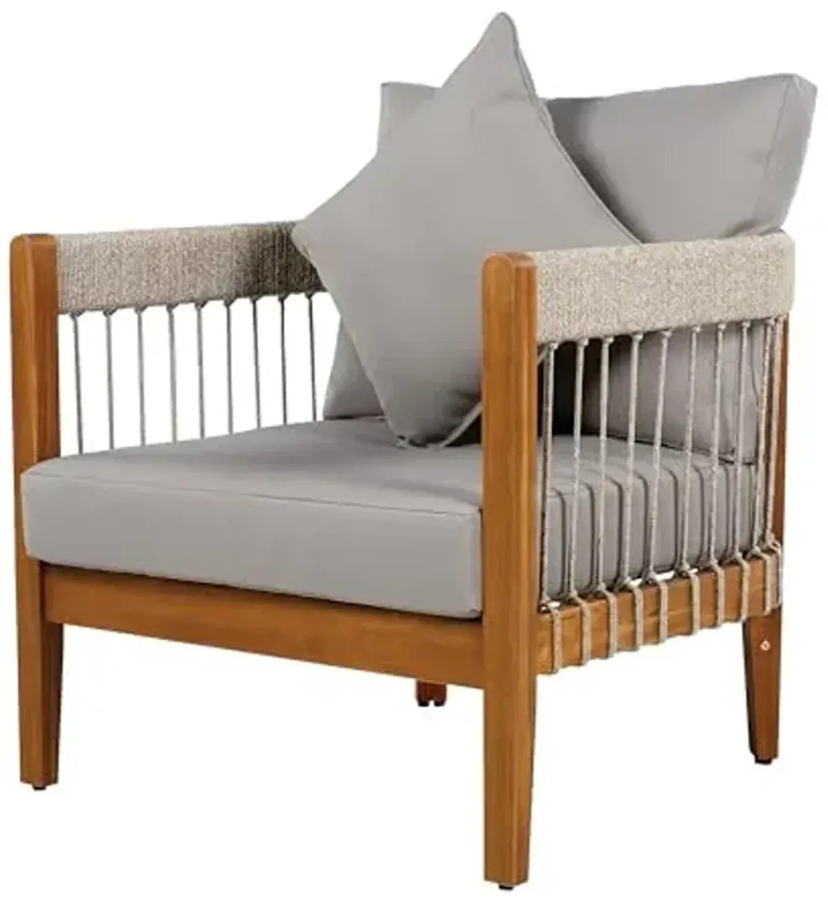 Christopher Knight Home Vinny Acacia Wood Patio Accent Chair, Wooden Lounge Chair Outdoor, Garden/Poolside Comfy Reading Chair with Handwoven Rope Accents and Removable Cushions, Natural+Grey