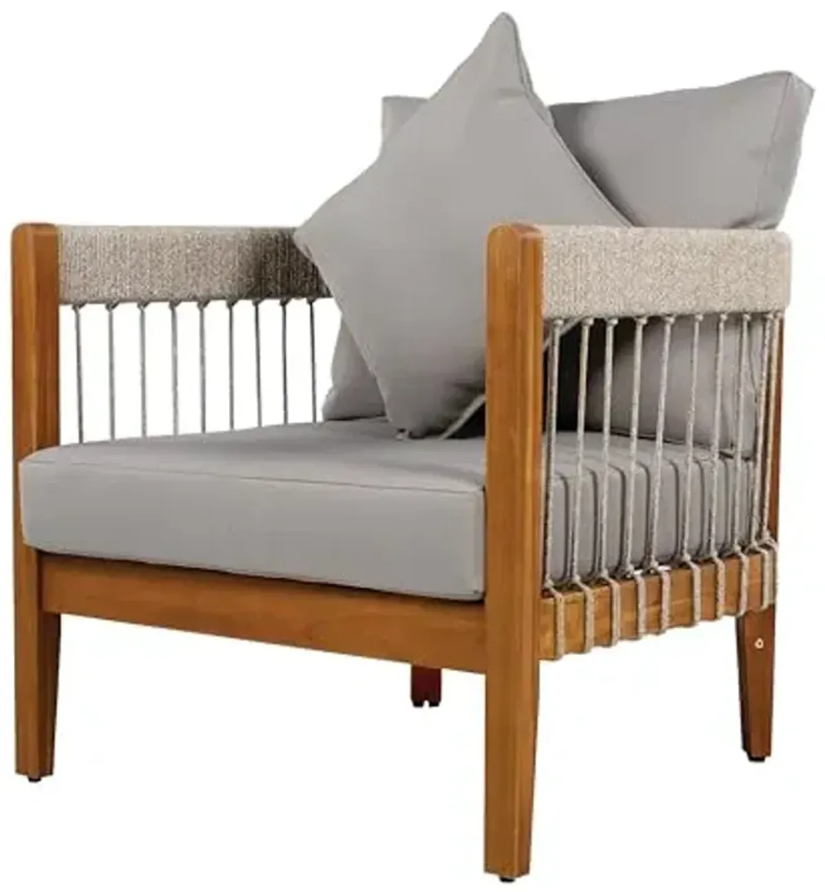 Christopher Knight Home Vinny Acacia Wood Patio Accent Chair, Wooden Lounge Chair Outdoor, Garden/Poolside Comfy Reading Chair with Handwoven Rope Accents and Removable Cushions, Natural+Grey