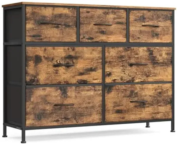 SONGMICS Dresser for Bedroom, Chest of Drawers, Steel, MDF, 7 Non-Woven Fabric Drawers, Storage Organizer Unit, Closet, Entryway, Rustic Brown and Ink Black ULGS323BH04