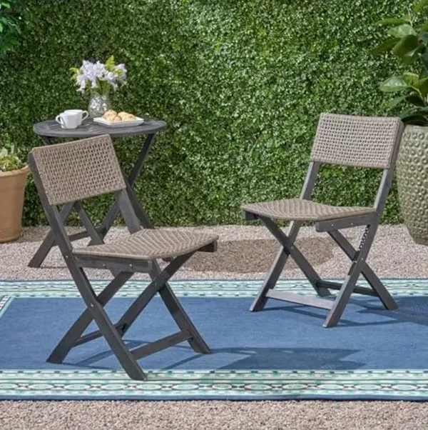 Christopher Knight Home Truda Patio Acacia Wood Foldable Bistro Chairs Set of 2, Wooden Folding Outdoor Dining Chair Set, Wicker Armless Chair for Bistro Set, Fully Assembled Garden Seating, Dark Grey