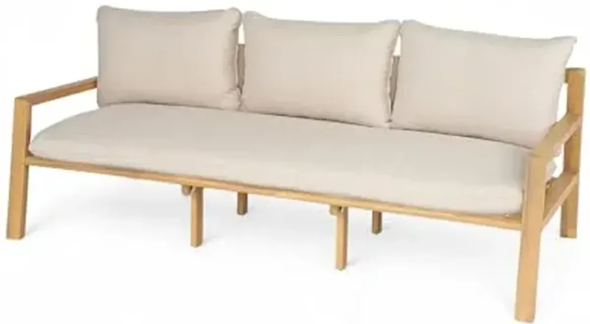 Christopher Knight Home Kaylle Outdoor 3 Seater Sofa with Cushion, Acacia Wood Patio Lounge Sofa with Woven Rope Backrest, Spacious Seating Couch for Backyard Garden Porch, Light Teak + Beige