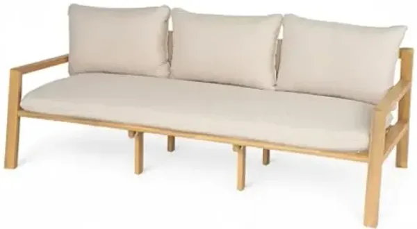 Christopher Knight Home Kaylle Outdoor 3 Seater Sofa with Cushion, Acacia Wood Patio Lounge Sofa with Woven Rope Backrest, Spacious Seating Couch for Backyard Garden Porch, Light Teak + Beige