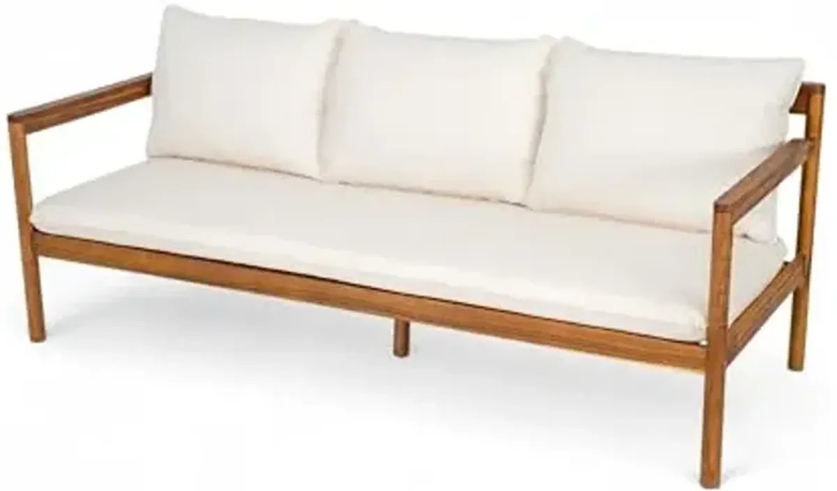 Christopher Knight Home Camila Outdoor 3 Seater Sofa with Cushion, Acacia Wood Patio Lounge Sofa with Woven Rope Back, Spacious Seating Couch for Backyard Garden Porch, Cream + Teak